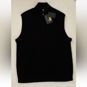 NEW Murano Extra Fine Merino Wool 1/4 Zip Sleeveless Sweater Mens L Black Ribbed